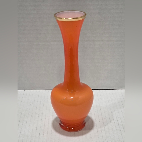 Vintage Orange Glass Bud Vase Gold Wheat Design - Picture 3 of 8